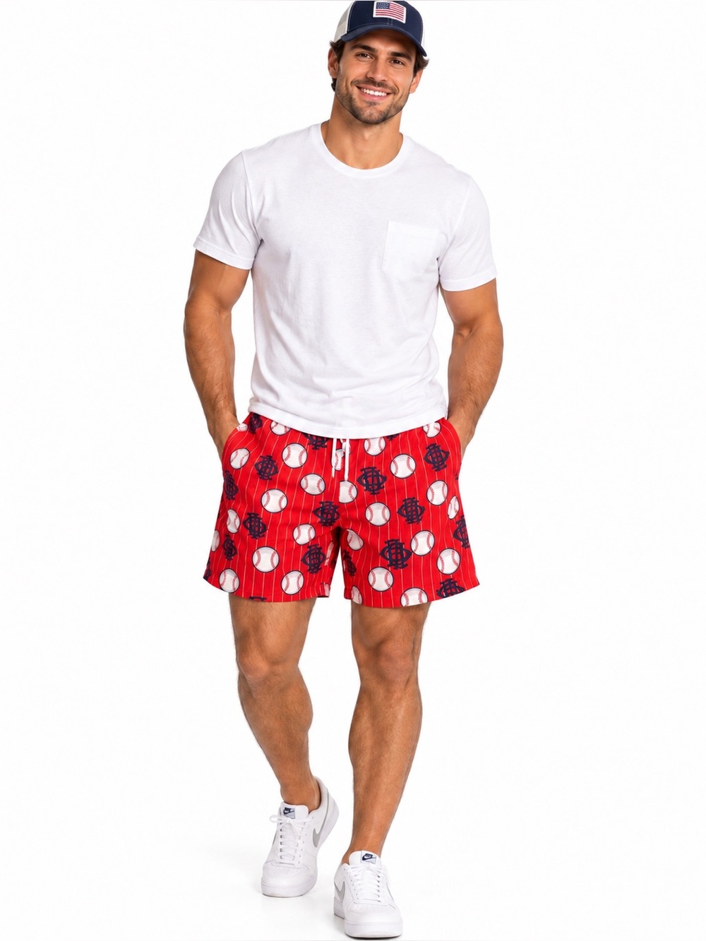 Big League Chew Red Baseball-Pattern Swim Quick Dry Shorts with White Drawstring